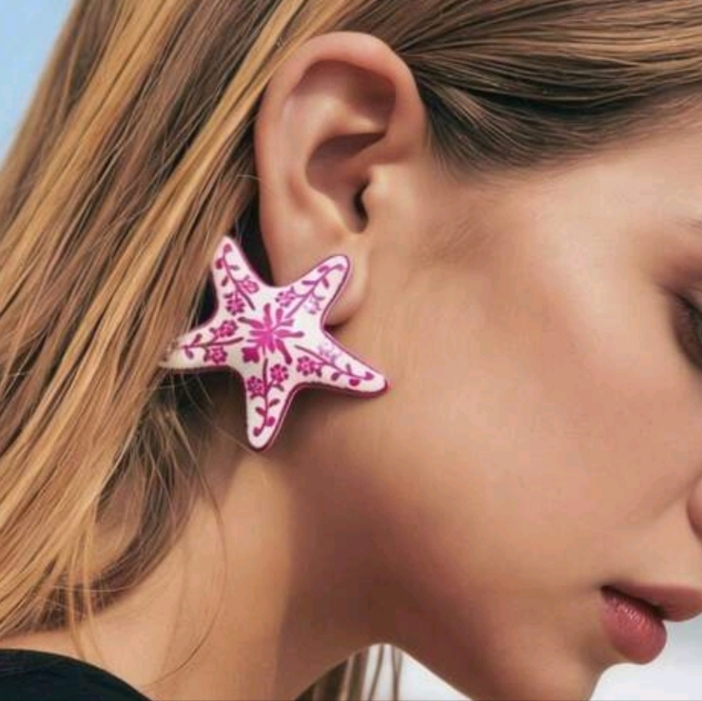 Zara Pink & white metal starfish earrings enamel coating; 1.7h x 1.85w; nwot